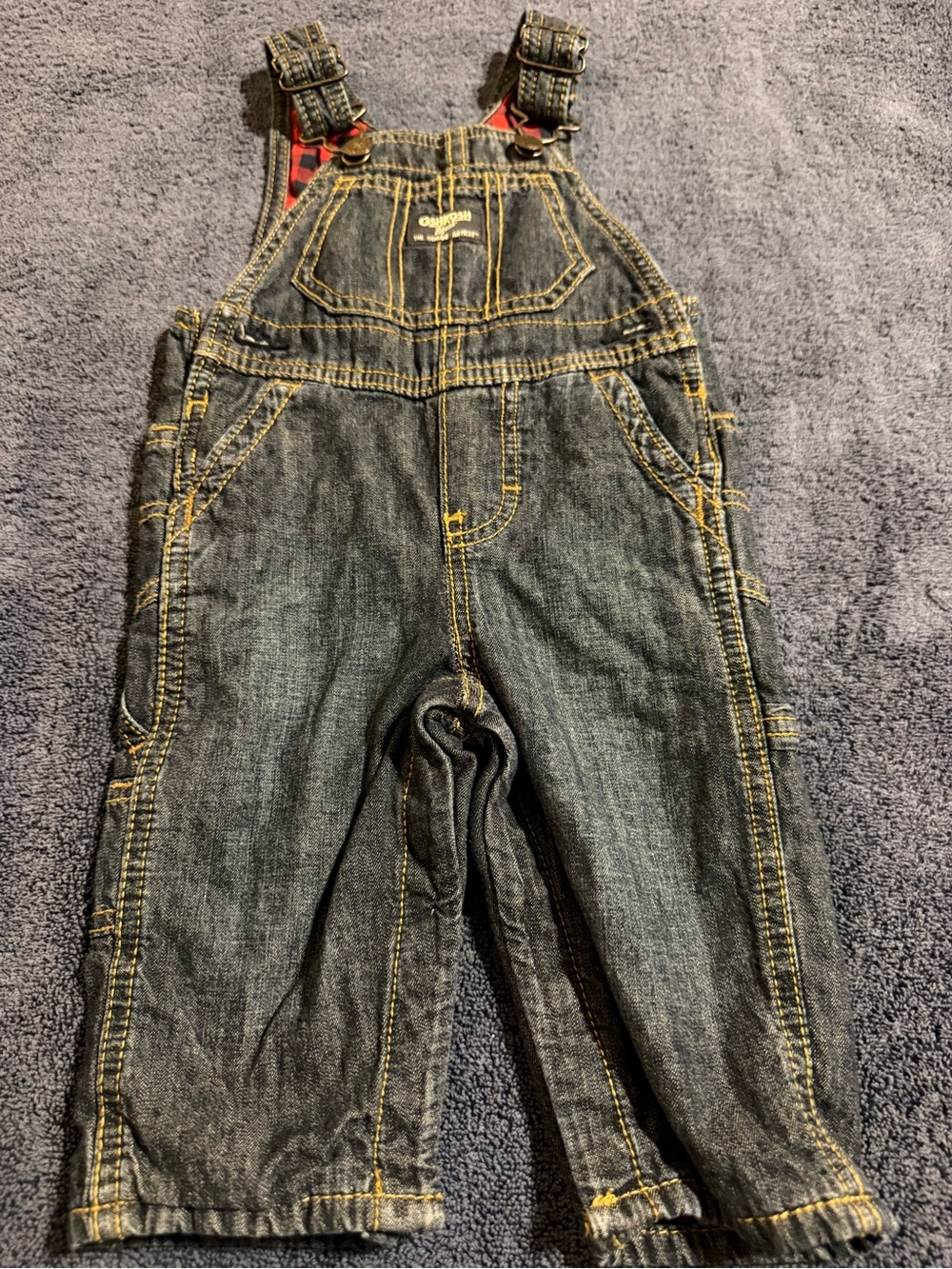 OshKosh B'gosh Dark Blue Denim Overalls with Yellow Stitching 9M